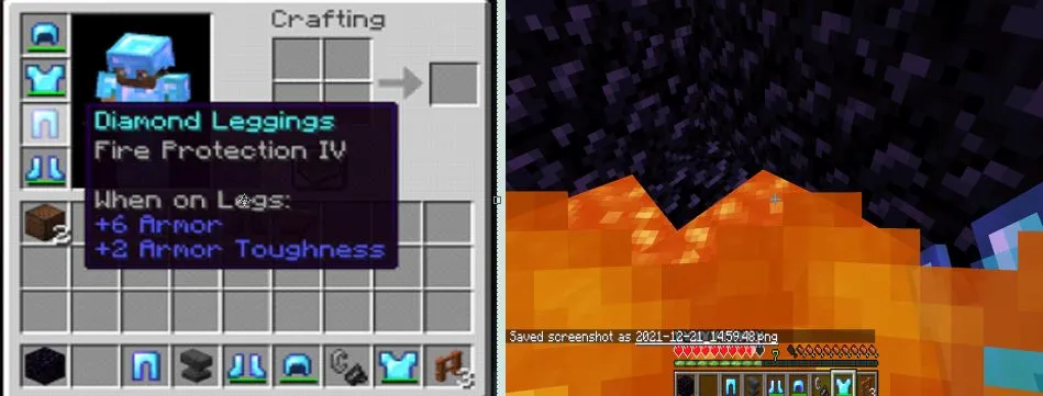 An image of a player in lava and showing full diamond armor in Minecraft