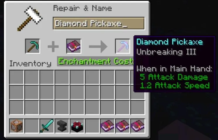 An image of a pickaxe with unbreaking being repaired in Minecraft