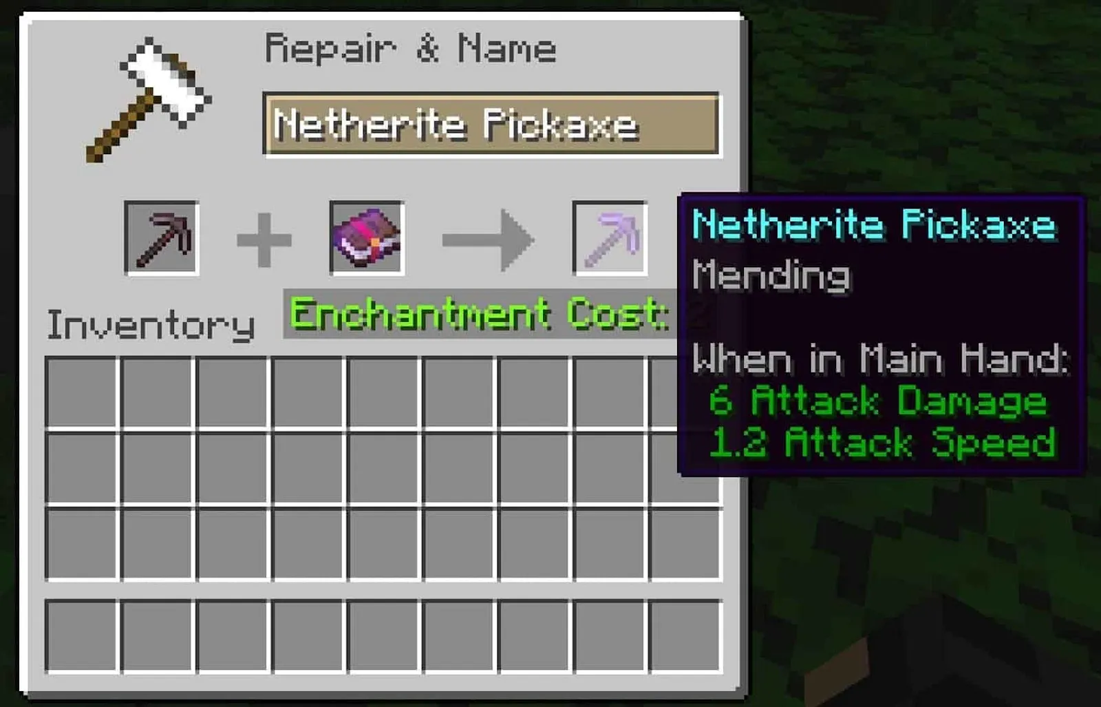 An image showing a netherite pickaxe with the mending enchantment in Minecraft