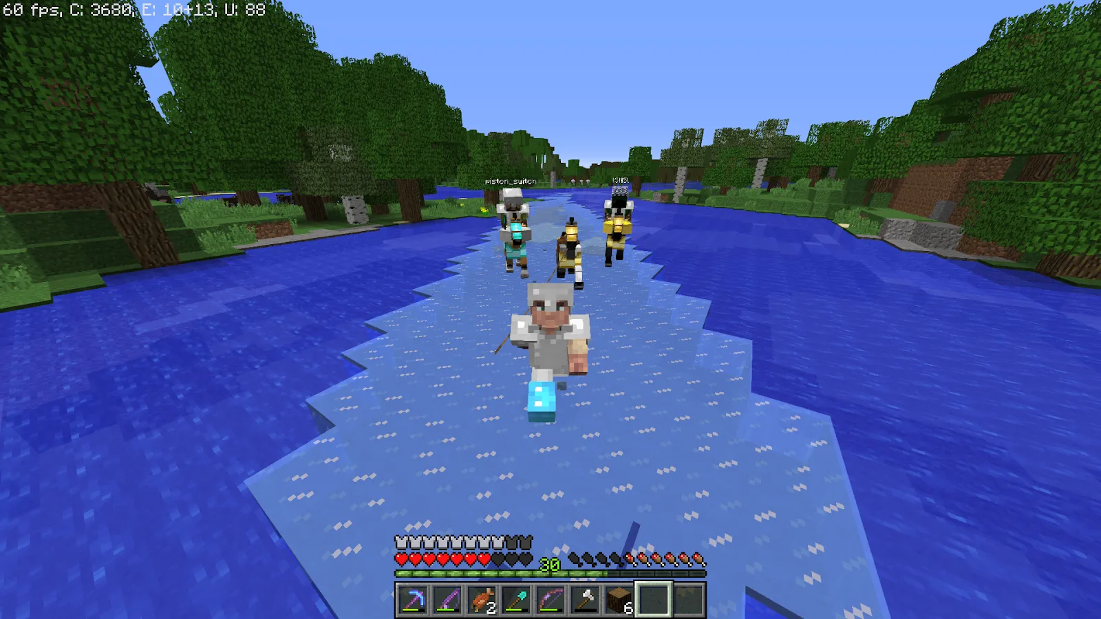 An image of multiple players walking on ice in Minecraft