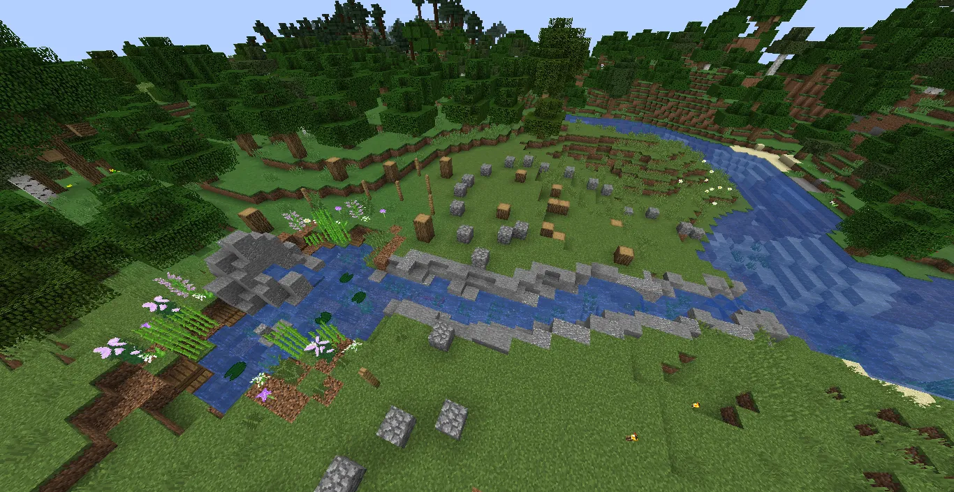 An image of a player-made river in Minecraft