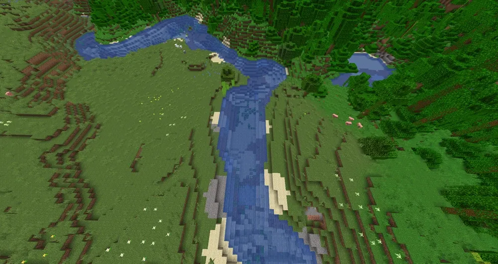 An image of a naturally generated river in Minecraft
