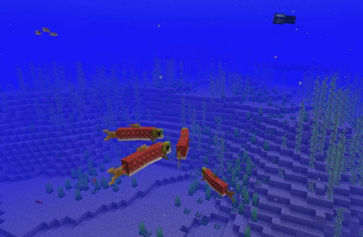 An image of salmon in a deep river in Minecraft