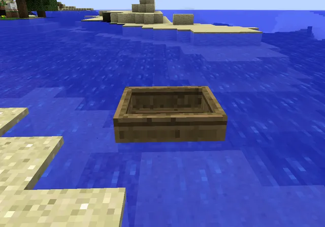 An image of a boat on a lake in Minecraft