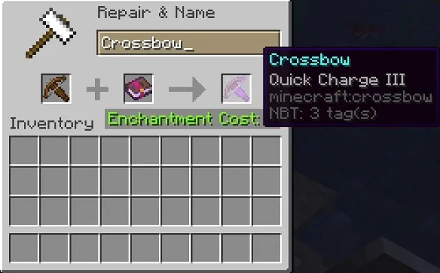 An image of a crossbow with the quick charge enchantment applied in Minecraft