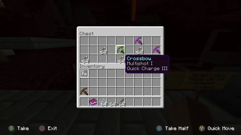 An image showing an enchanted crossbow in Minecraft