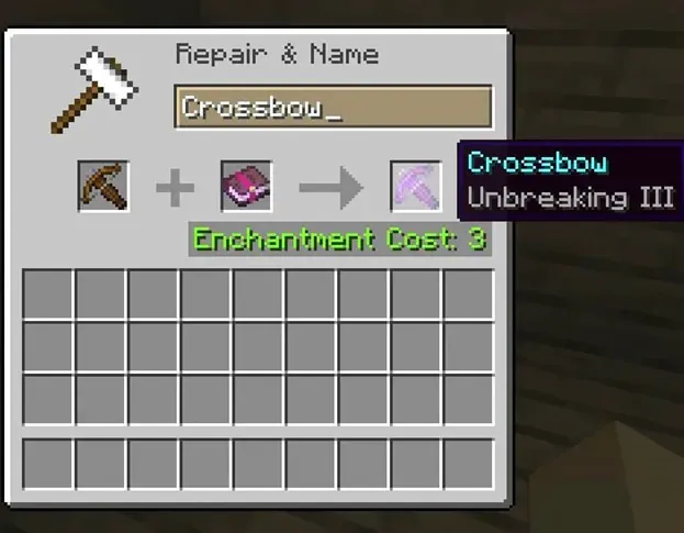 An image showing the unbreaking enchantment on a crossbow in Minecraft