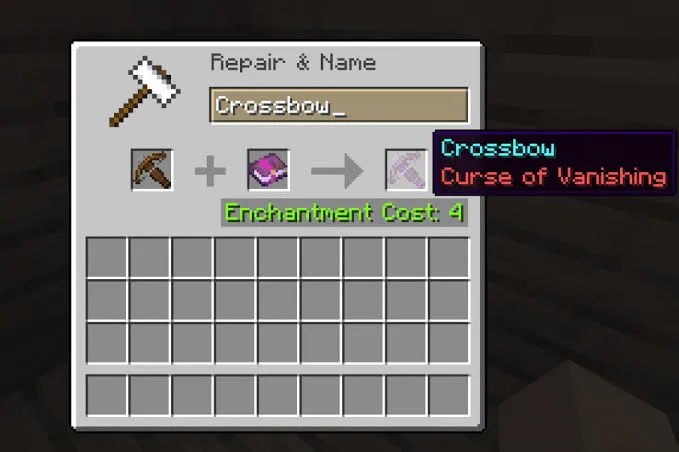 An image showing the curse of vanishing on a crossbow in Minecraft