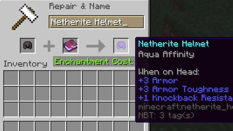 An image of aqua affinity on a netherite helmet in Minecraft