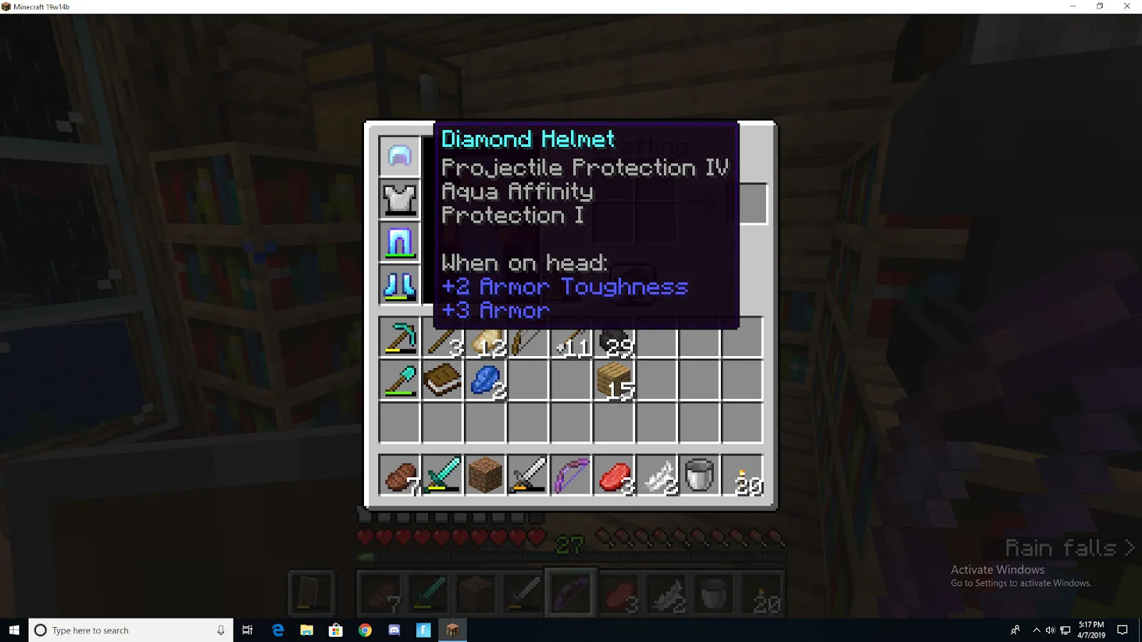 A diamond helmet showing protection in Minecraft