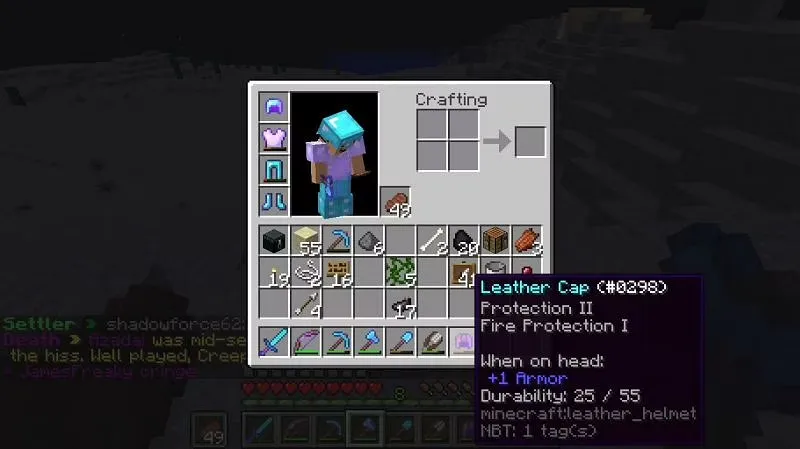 A diamond helmet showing the protection enchantment in Minecraft