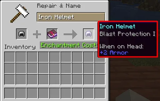 An image of a helmet in Minecraft showing the blast protection enchantment