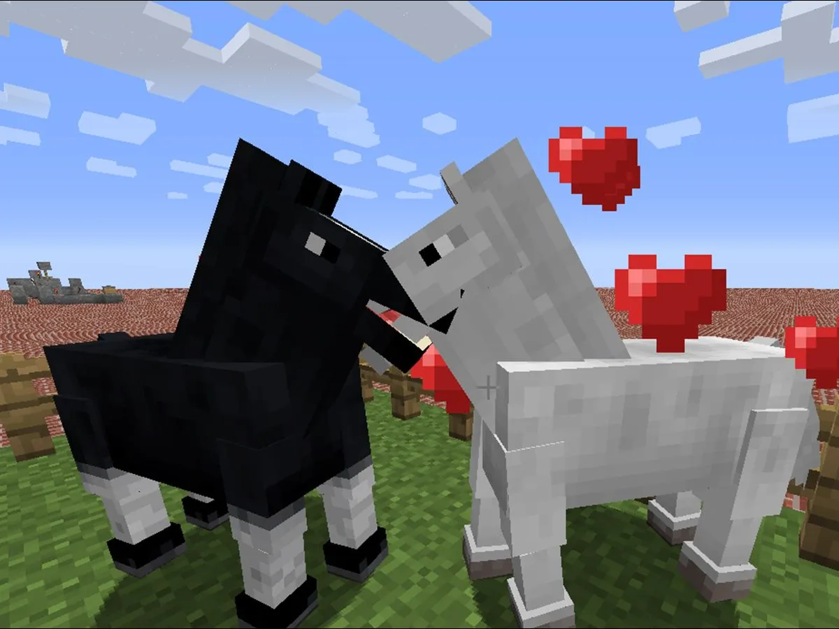 Image of a black horse and a white horse mating in Minecraft