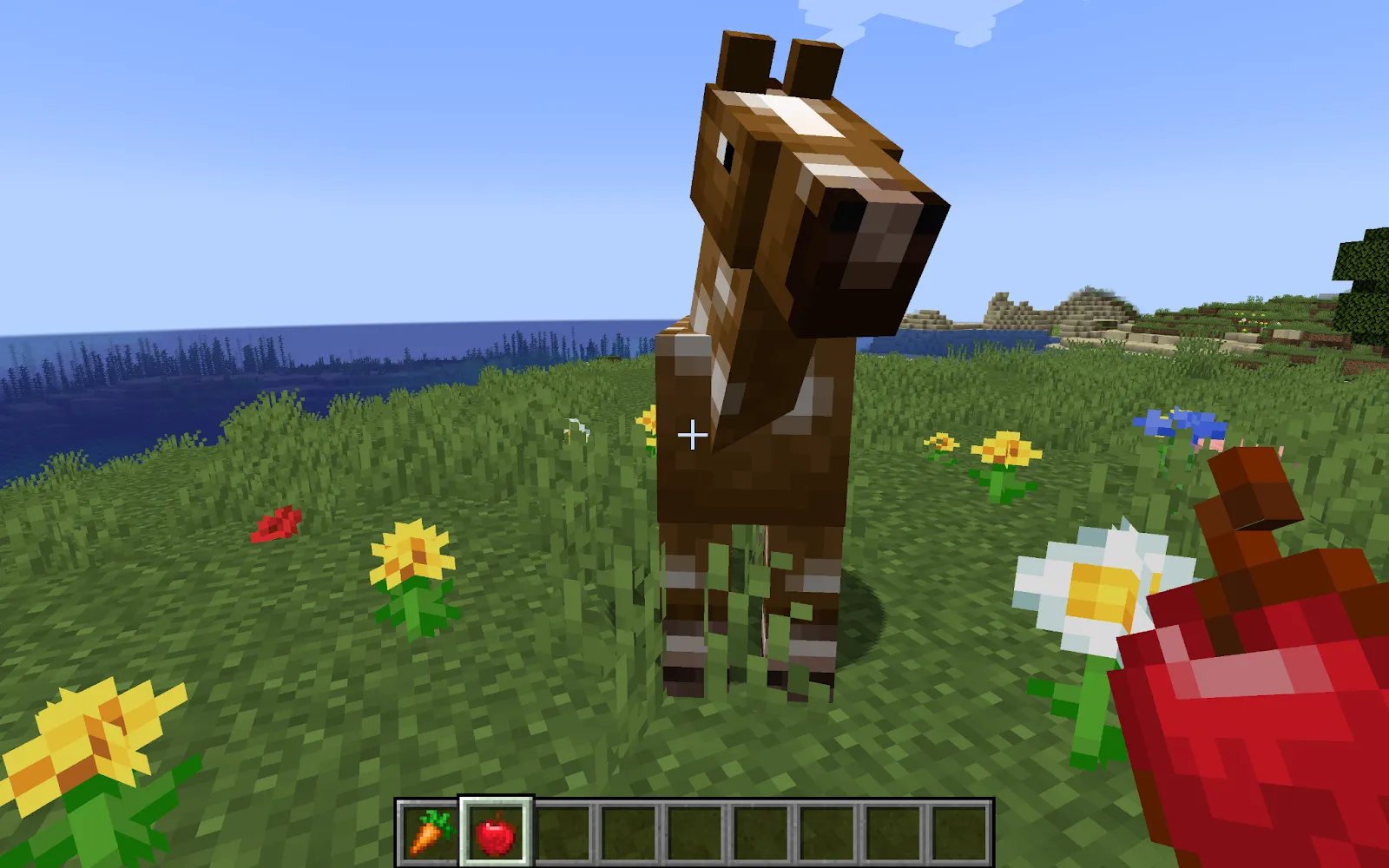 Image of a horse being fed an apple in Minecraft