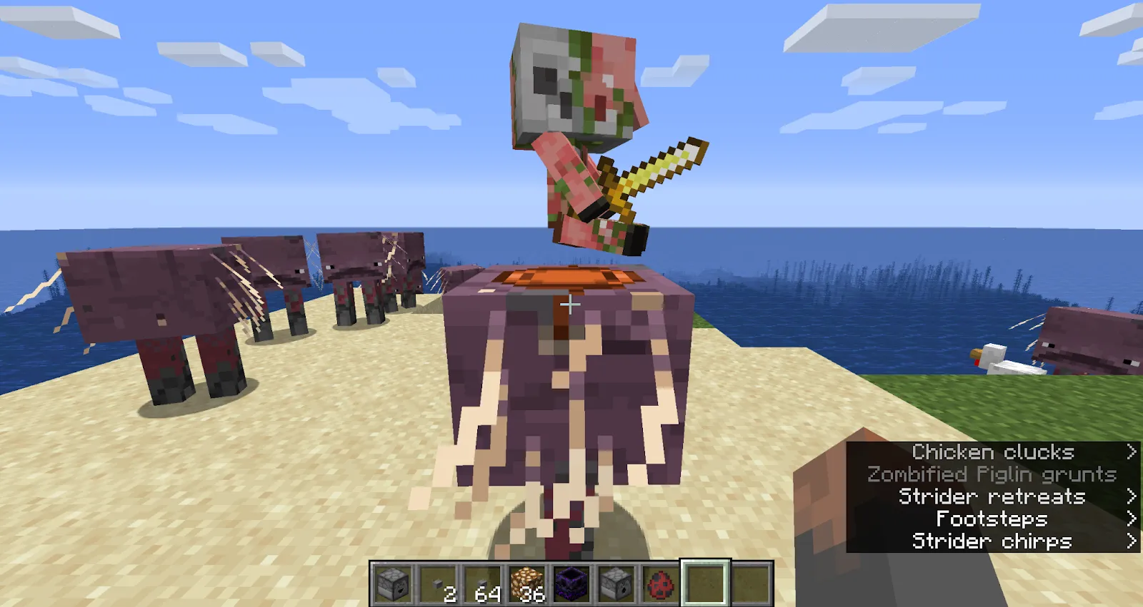 Image of a zombie piglin riding a strider in Minecraft