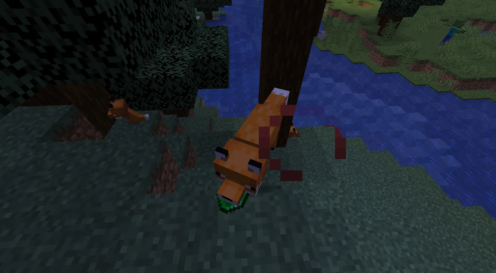 An Image of a fox holding an emerald in Minecraft