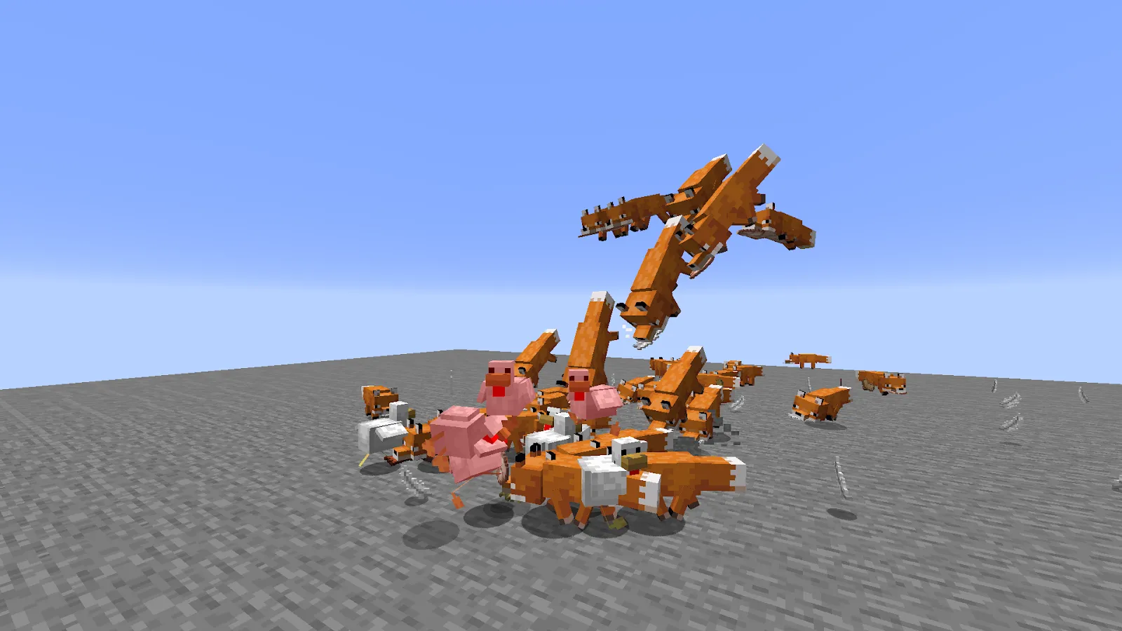 An image of a group of foxes attacking a group of chickens in Minecraft