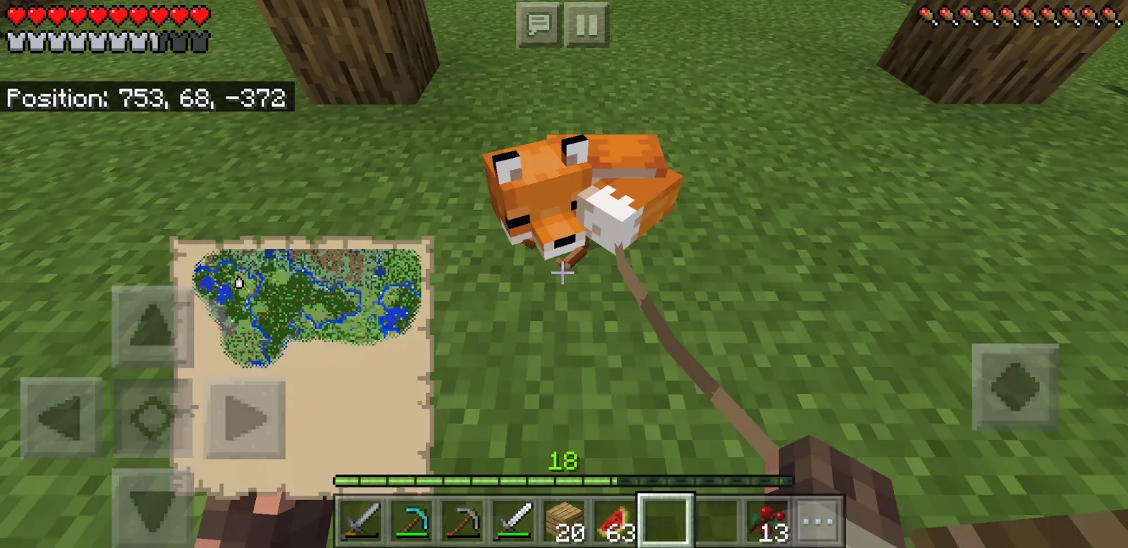 An image of a baby fox asleep on a leash in Minecraft