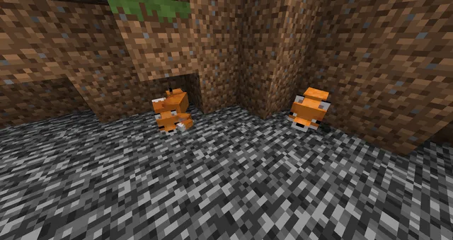 An image of three foxes sleeping under a block in Minecraft