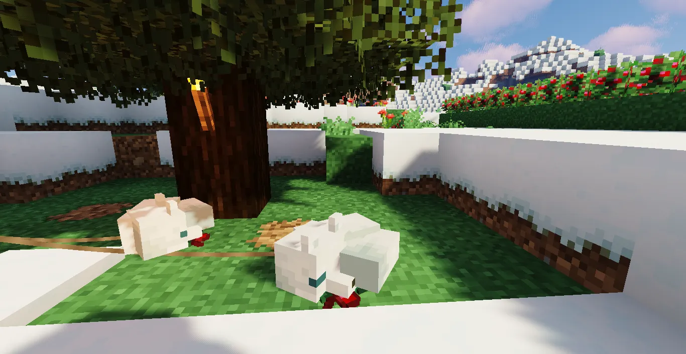 An image of two arctic foxes asleep in Minecraft