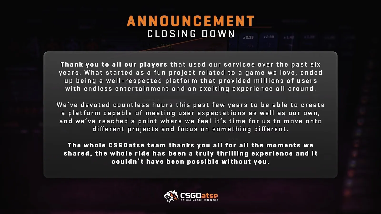 Why is CSGOatse closed