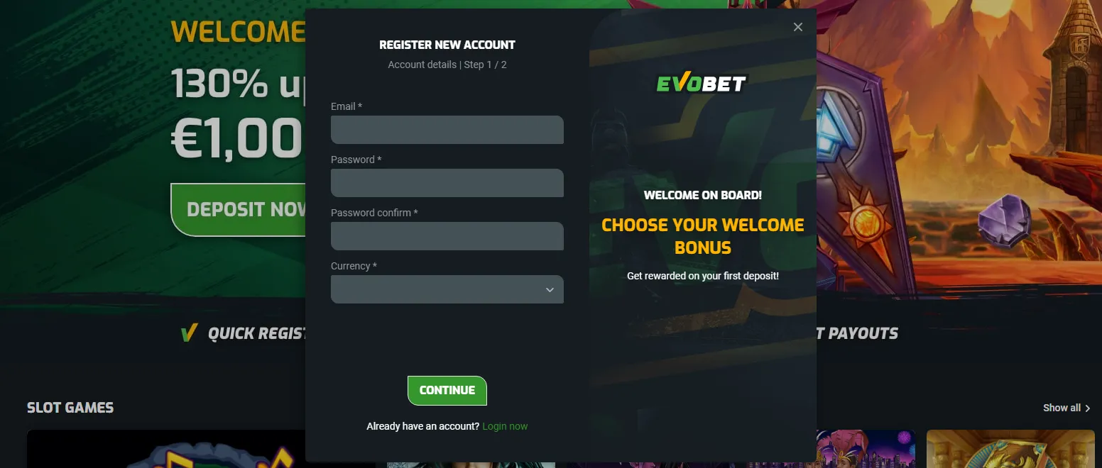 EvoBet registration.