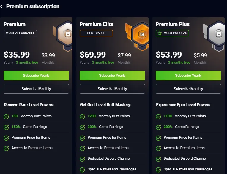 Three available Premium subscription tiers.