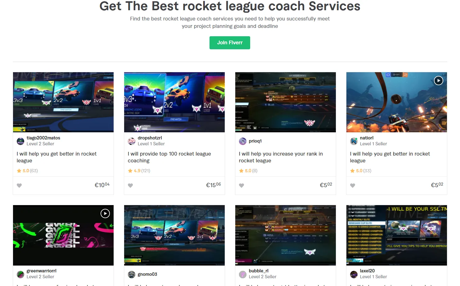 Some of the Rocket League coaching gigs on Fiverr.