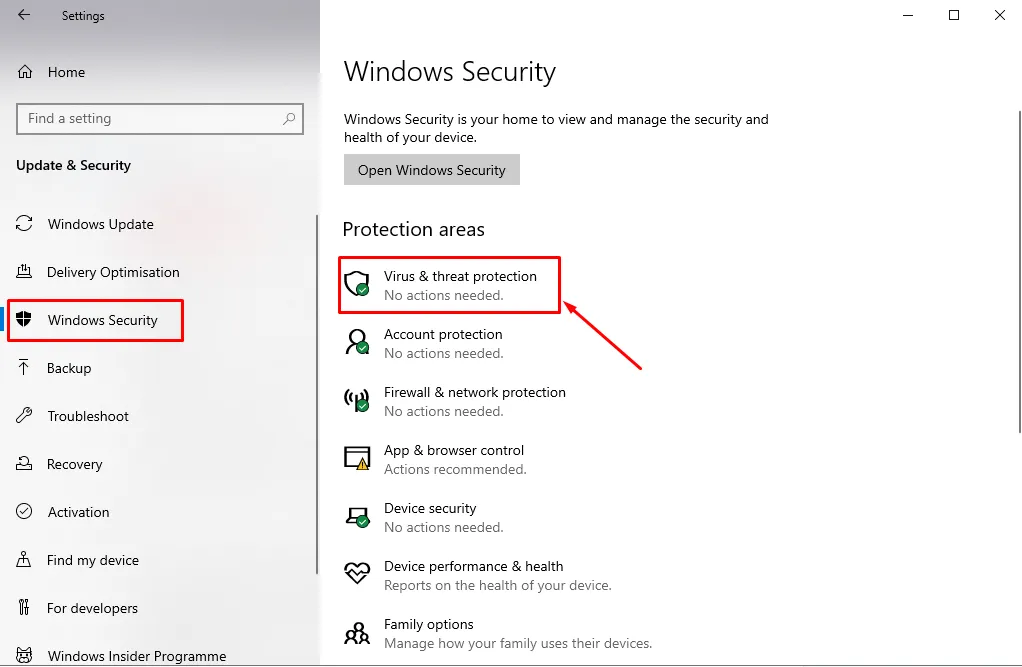 Windows Security Virus and Protection