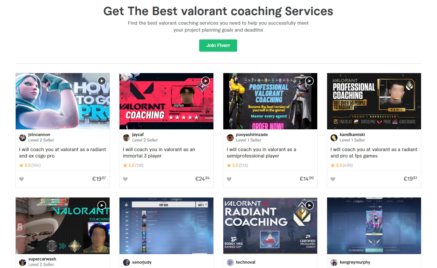 Some of the Valorant coaching gigs on Fiverr.
