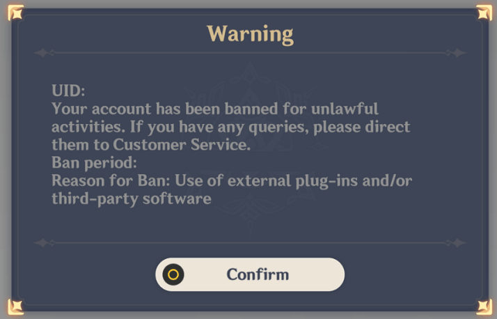 Genshin Impact Banned Warning Page