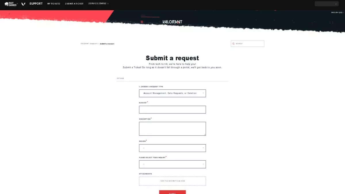 Delete Valorant Account Submit Request Page