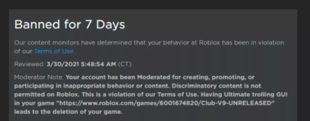 Roblox Banned for 7 Days