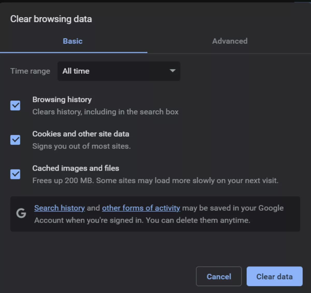 clearing browser data